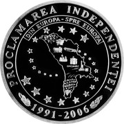 Moldova 100 Lei Proclamation of Independence 2006 Proof KM# 35 PROCLAMAREA INDEPENDENȚEI DIN EUROPA - SPRE EUROPA 1991-2006 coin reverse Moldova 100 Lei Proclamation of Independence 2006 Proof KM# 35 PROCLAMAREA INDEPENDENȚEI DIN EUROPA - SPRE EUROPA 1991-2006 coin reverse