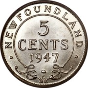 Canada 5 Cents George VI 1944 C KM# 19a ∙ NEWFOUNDLAND ∙ 5 CENTS 1947 C coin reverse Canada 5 Cents George VI 1944 C KM# 19a ∙ NEWFOUNDLAND ∙ 5 CENTS 1947 C coin reverse