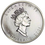 Canada 5 Dollars Coloured Maple Leaf - Autumn 2001 Proof KM# 436 ELIZABETH II 5 DOLLARS 2001 coin obverse Canada 5 Dollars Coloured Maple Leaf - Autumn 2001 Proof KM# 436 ELIZABETH II 5 DOLLARS 2001 coin obverse