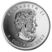 Canada 5 Dollars Orange Sugar Maple Leaf 2007 Specimen KM# 928 ELIZABETH II 5 DOLLARS 2007 coin obverse Canada 5 Dollars Orange Sugar Maple Leaf 2007 Specimen KM# 928 ELIZABETH II 5 DOLLARS 2007 coin obverse