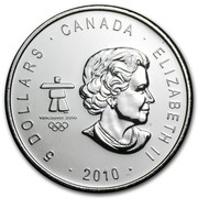 Canada 5 Dollars Vancouver Olympics 2010 Proof KM# 998 5 DOLLARS ∙ CANADA ∙ 2010 ∙ ELIZABETH II ∙ 2010 coin obverse Canada 5 Dollars Vancouver Olympics 2010 Proof KM# 998 5 DOLLARS ∙ CANADA ∙ 2010 ∙ ELIZABETH II ∙ 2010 coin obverse