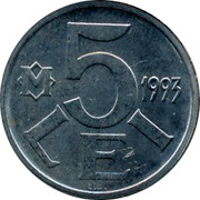 Moldova 5 Lei 1993 KM# 6 Decimal Coinage M 5 LEI 1993 coin reverse Moldova 5 Lei 1993 KM# 6 Decimal Coinage M 5 LEI 1993 coin reverse