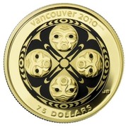 Canada 75 Dollars Four Host First Nations 2008 Proof KM# 821 VANCOUVER 2010 TM/MC JB 75 DOLLARS coin reverse Canada 75 Dollars Four Host First Nations 2008 Proof KM# 821 VANCOUVER 2010 TM/MC JB 75 DOLLARS coin reverse