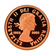 Canada Cent Elizabeth II Golden Jubilee 1953-2003 Proof KM# 468 ELIZABETH II DEI GRATIA REGINA 1953 2003 coin obverse Canada Cent Elizabeth II Golden Jubilee 1953-2003 Proof KM# 468 ELIZABETH II DEI GRATIA REGINA 1953 2003 coin obverse
