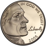 USA Five Cents Jefferson - Westward Expansion - Lewis & Clark Bicentennial 2005 S Proof KM# 368 IN GOD WE TRUST LIBERTY coin obverse USA Five Cents Jefferson - Westward Expansion - Lewis & Clark Bicentennial 2005 S Proof KM# 368 IN GOD WE TRUST LIBERTY coin obverse