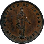 Canada One Penny Quebec Bank Token 1852 KM# Tn21 PROVINCE DU CANADA DEUX SOUS coin obverse