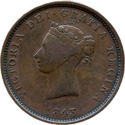 Canada One Penny Token New Brunswick 1843 KM# 2 VICTORIA DEI GRATIA REGINA 1843 coin obverse Canada One Penny Token New Brunswick 1843 KM# 2 VICTORIA DEI GRATIA REGINA 1843 coin obverse