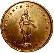 Canada Sou Quebec Bank Token 1852 Proof, Rare KM# Tn20a PROVINCE DU CANADA UN SOU coin obverse