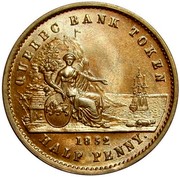 Canada Sou Quebec Bank Token 1852 Proof, Rare KM# Tn20a QUEBEC BANK TOKEN HALF PENNY coin reverse