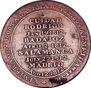 Canada 1/2 Penny Token (Wellington) CUIDAD RODRIGO JAN 19. 1812 BADAJOS APRIL 2 1812 SALAMANCA JULY 22 1812 MADRID AUG 12 1812 coin reverse Canada 1/2 Penny Token (Wellington) CUIDAD RODRIGO JAN 19. 1812 BADAJOS APRIL 2 1812 SALAMANCA JULY 22 1812 MADRID AUG 12 1812 coin reverse