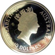 Australia 10 Dollars The Australian Kookaburra 1991 KM# 161 ELIZABETH II AUSTRALIA 10 DOLLARS RDM coin obverse Australia 10 Dollars The Australian Kookaburra 1991 KM# 161 ELIZABETH II AUSTRALIA 10 DOLLARS RDM coin obverse