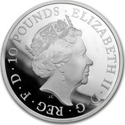 UK 10 Pounds Queen's Beasts Falcon 2019 10 POUNDS • ELIZABETH II • D • G • REG • F • D JC coin obverse UK 10 Pounds Queen's Beasts Falcon 2019 10 POUNDS • ELIZABETH II • D • G • REG • F • D JC coin obverse