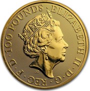 UK 100 Pounds Queen's Beasts The Falcon 2019 100 POUNDS ELIZABETH II D G REG F D coin obverse UK 100 Pounds Queen's Beasts The Falcon 2019 100 POUNDS ELIZABETH II D G REG F D coin obverse