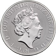 UK 100 Pounds Unicorn of Scotland - Queen's Beasts 2019 Bullion ELIZABETH II ∙ D ∙ G ∙ REG ∙ F ∙ D ∙ 100 POUNDS ∙ J.C coin obverse UK 100 Pounds Unicorn of Scotland - Queen's Beasts 2019 Bullion ELIZABETH II ∙ D ∙ G ∙ REG ∙ F ∙ D ∙ 100 POUNDS ∙ J.C coin obverse