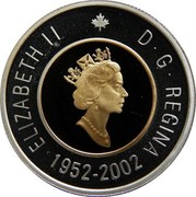 Canada 2 Dollars Golden Jubilee 1952-2002 Proof KM# 449a ELIZABETH II D ∙ G ∙ REGINA 1952-2002 coin obverse Canada 2 Dollars Golden Jubilee 1952-2002 Proof KM# 449a ELIZABETH II D ∙ G ∙ REGINA 1952-2002 coin obverse