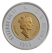 Canada 2 Dollars Nunavut 1999 Proof KM# 357b ELIZABETH II D ∙ G ∙ REGINA 1999 22K CENTRE CENTRE 22C coin obverse Canada 2 Dollars Nunavut 1999 Proof KM# 357b ELIZABETH II D ∙ G ∙ REGINA 1999 22K CENTRE CENTRE 22C coin obverse