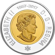 Canada 2 Dollars Our Home and Native Land 2017 Proof, inner core gold-plated ELIZABETH II 1867-2017 D. G. REGINA coin obverse Canada 2 Dollars Our Home and Native Land 2017 Proof, inner core gold-plated ELIZABETH II 1867-2017 D. G. REGINA coin obverse