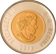 Canada 2 Dollars (Toonie) ELIZABETH II D G REGINA 2013 coin obverse Canada 2 Dollars (Toonie) ELIZABETH II D G REGINA 2013 coin obverse
