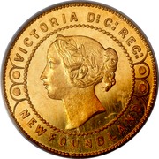 Canada 2 Dollars Victoria Pattern 1865 H KM# Pn15 VICTORIA D: G: REG: NEWFOUNDLAND coin obverse Canada 2 Dollars Victoria Pattern 1865 H KM# Pn15 VICTORIA D: G: REG: NEWFOUNDLAND coin obverse