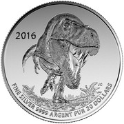 Canada 20 Dollars Tyrannosaurus Rex 2016 Specimen KM# 2210 2016 JC FINE SILVER 9999 ARGENT PUR 20 DOLLARS coin reverse Canada 20 Dollars Tyrannosaurus Rex 2016 Specimen KM# 2210 2016 JC FINE SILVER 9999 ARGENT PUR 20 DOLLARS coin reverse