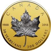 Canada 200 Dollars 30th Anniversary of the Silver Maple Leaf (Partially Silver Plated) 2018 Proof CANADA 1988 2018 30 YEARS/ANS 200 DOLLARS coin reverse Canada 200 Dollars 30th Anniversary of the Silver Maple Leaf (Partially Silver Plated) 2018 Proof CANADA 1988 2018 30 YEARS/ANS 200 DOLLARS coin reverse