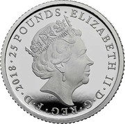 UK 25 Pounds 70th Birthday of HRH the Prince of Wales 2018 Proof 25 POUNDS ELIZABETH II D G REG F D 2018 coin obverse UK 25 Pounds 70th Birthday of HRH the Prince of Wales 2018 Proof 25 POUNDS ELIZABETH II D G REG F D 2018 coin obverse