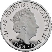 UK 25 Pounds Britannia 2018 Proof 25 POUNDS ELIZABETH II D G REG F D coin obverse UK 25 Pounds Britannia 2018 Proof 25 POUNDS ELIZABETH II D G REG F D coin obverse