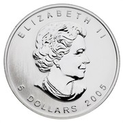 Canada 5 Dollars Coloured Maple Leaf - Bigleaf Maple 2005 KM# 550 ELIZABETH II 5 DOLLARS 2005 coin obverse Canada 5 Dollars Coloured Maple Leaf - Bigleaf Maple 2005 KM# 550 ELIZABETH II 5 DOLLARS 2005 coin obverse