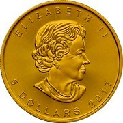 Canada 5 Dollars Gilded Maple Leaf 2017 ELIZABETH II 5 DOLLARS 2014 coin obverse Canada 5 Dollars Gilded Maple Leaf 2017 ELIZABETH II 5 DOLLARS 2014 coin obverse