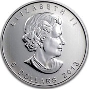 Canada 5 Dollars Maple Leaf - 25th Anniversary (Winter Edition) 2013 BU ELIZABETH II 5 DOLLARS 2013 coin obverse Canada 5 Dollars Maple Leaf - 25th Anniversary (Winter Edition) 2013 BU ELIZABETH II 5 DOLLARS 2013 coin obverse