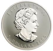 Canada 5 Dollars Maple Leaf of Hope 2005 Proof KM# 924 ELIZABETH II 5 DOLLARS 2005 coin obverse Canada 5 Dollars Maple Leaf of Hope 2005 Proof KM# 924 ELIZABETH II 5 DOLLARS 2005 coin obverse