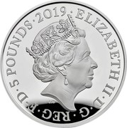 UK 5 Pounds Legend of the Ravens (Piedfort) 2019  5 POUNDS • ELIZABETH II • D • G • REG • F • D J.C coin obverse UK 5 Pounds Legend of the Ravens (Piedfort) 2019  5 POUNDS • ELIZABETH II • D • G • REG • F • D J.C coin obverse