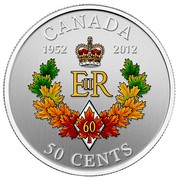 Canada 50 Cents Elizabeth II Diamond Jubilee 2012 KM# 1293 CANADA 1952 - 2012 E II R 60 50 CENTS coin reverse Canada 50 Cents Elizabeth II Diamond Jubilee 2012 KM# 1293 CANADA 1952 - 2012 E II R 60 50 CENTS coin reverse