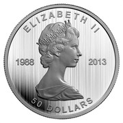 Canada 50 Dollars 25th Anniversary of the Maple Leaf 2013 KM# 1550 ELIZABETH II 1988 2013 50 DOLLARS coin obverse