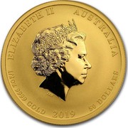 Australia 50 Dollars Year of the Pig 2019 ELIZABETH II AUSTRALIA 1/2 OZ 9999 GOLD 2019 50 DOLLARS IRB coin obverse Australia 50 Dollars Year of the Pig 2019 ELIZABETH II AUSTRALIA 1/2 OZ 9999 GOLD 2019 50 DOLLARS IRB coin obverse