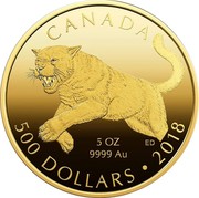 Canada 500 Dollars Canadian Cougar 2018 Proof CANADA 500 DOLLARS • 2018 5 OZ 9999 AU ED coin reverse Canada 500 Dollars Canadian Cougar 2018 Proof CANADA 500 DOLLARS • 2018 5 OZ 9999 AU ED coin reverse