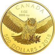 Canada 500 Dollars Great Horned Owl 2018 Proof CANADA 5 OZ 9999 AU 500 DOLLARS • 2018 ED coin reverse Canada 500 Dollars Great Horned Owl 2018 Proof CANADA 5 OZ 9999 AU 500 DOLLARS • 2018 ED coin reverse