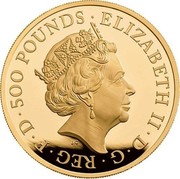 UK 500 Pounds Britannia Label 2018 Proof 500 POUNDS 2018 ELIZABETH II D G REG F D coin obverse UK 500 Pounds Britannia Label 2018 Proof 500 POUNDS 2018 ELIZABETH II D G REG F D coin obverse