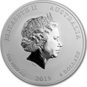 Australia 8 Dollars Year of the Pig 2019 ELIZABETH II AUSTRALIA 5 OZ 9999 AG 2019 8 DOLLARS IRB coin obverse Australia 8 Dollars Year of the Pig 2019 ELIZABETH II AUSTRALIA 5 OZ 9999 AG 2019 8 DOLLARS IRB coin obverse