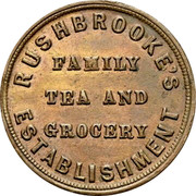 UK Farthing Rushbrooke Grocers Willenhall 1844 RUSHBROOKE'S ESTABLISHMENT FAMILY TEA AND GROCERY coin obverse