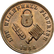 UK Farthing Rushbrooke Grocers Willenhall 1844 LET WILLENHALL FLOURISH 1844 coin reverse