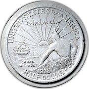 USA Half Dollar New Rochelle 1938 UNITED STATES OF AMERICA E PLURIBUS UNUM IN GOD WE TRUST 1988 HALF DOLLAR coin obverse USA Half Dollar New Rochelle 1938 UNITED STATES OF AMERICA E PLURIBUS UNUM IN GOD WE TRUST 1988 HALF DOLLAR coin obverse