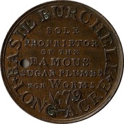 UK Halfpenny (Middlesex - Burchell's Sugar Plumbs) *BASIL BURCHELL* LONG-ACRE SOLE PROPRIETOR OF THE FAMOUS SUGAR PLUMBS FOR WORMS N.79 coin obverse UK Halfpenny (Middlesex - Burchell's Sugar Plumbs) *BASIL BURCHELL* LONG-ACRE SOLE PROPRIETOR OF THE FAMOUS SUGAR PLUMBS FOR WORMS N.79 coin obverse