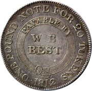 UK One Shilling Dorsetshire - Poole W.B. Best 1812  ONE POUND NOTE FOR 20 TOKENS PAYABLE BY W B BEST 1812 coin obverse UK One Shilling Dorsetshire - Poole W.B. Best 1812  ONE POUND NOTE FOR 20 TOKENS PAYABLE BY W B BEST 1812 coin obverse