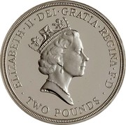 UK Two Pounds 50th Anniversary - End of World War II 1995 Proof ELIZABETH • II • DEI • GRATIA • REGINA • F • D • TWO POUNDS • DES coin obverse UK Two Pounds 50th Anniversary - End of World War II 1995 Proof ELIZABETH • II • DEI • GRATIA • REGINA • F • D • TWO POUNDS • DES coin obverse