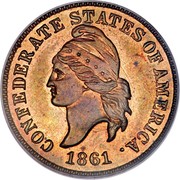 USA 1 Cent Haseltine Restrike 1861 KM# Pn1 CONFEDERATE STATES OF AMERICA 1861 coin obverse USA 1 Cent Haseltine Restrike 1861 KM# Pn1 CONFEDERATE STATES OF AMERICA 1861 coin obverse