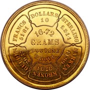 USA 10 Dollars Bickford Eagle 1874 KM# Pn1435 DOLLARS 10 STERLING £2∙1∙1 MARKEN 41∙99 KRONEN 37∙31 GULDEN 20∙73 FRANCS 51∙81 16.72 GRAMS 900 FINE UBIQUE. coin reverse USA 10 Dollars Bickford Eagle 1874 KM# Pn1435 DOLLARS 10 STERLING £2∙1∙1 MARKEN 41∙99 KRONEN 37∙31 GULDEN 20∙73 FRANCS 51∙81 16.72 GRAMS 900 FINE UBIQUE. coin reverse