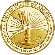 USA $10 Eleanor Roosevelt 2014 W Proof KM# 596 ∙ UNITED STATES OF AMERICA ∙ E PLURIBUS UNUM ∙ $10 ∙ 1/2 OZ. .9999 FINE GOLD coin reverse