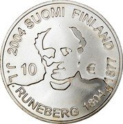 Finland 10 Euro Johan Ludwig Runeberg 2004 K-M KM# 115 2004 SUOMI FINLAND 10 € J.L. RUNEBERG 1804 - 1877 K coin obverse