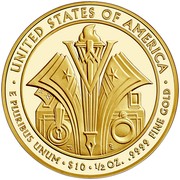USA $10 Florence Harding 2014 W Proof KM# 593 ∙ UNITED STATES OF AMERICA ∙ E PLURIBUS UNUM ∙ $10 ∙ 1/2 OZ. .9999 FINE GOLD coin reverse